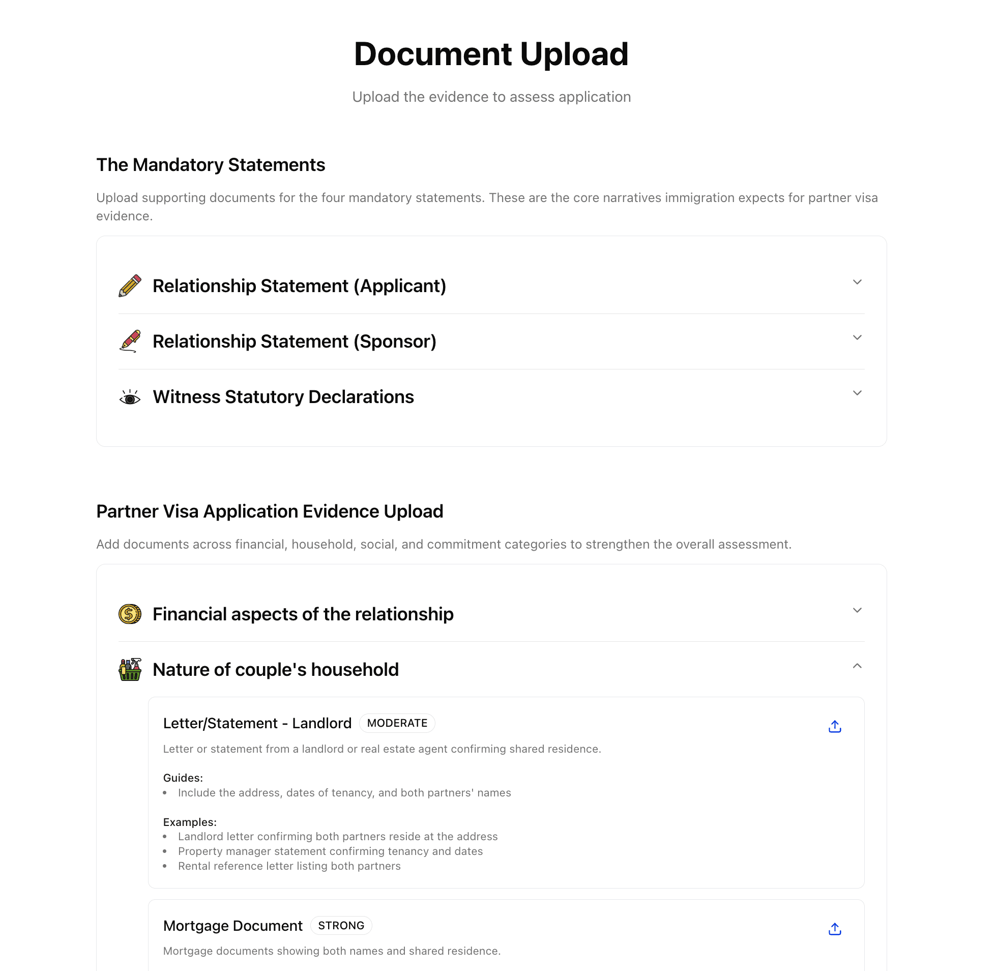 Document upload interface showing mandatory statements and evidence categories.