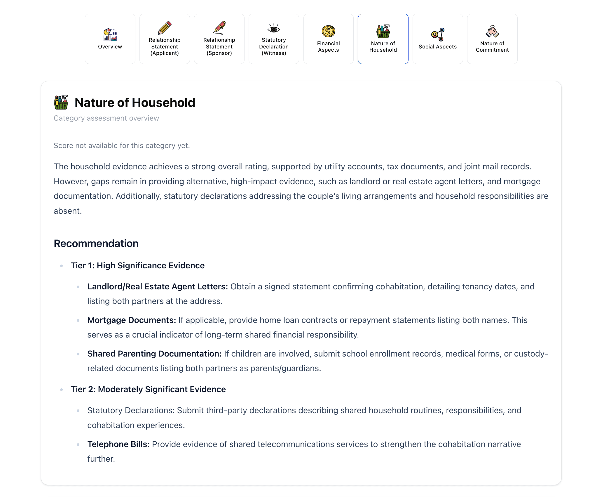 Evidence overview with optional additions for household evidence.