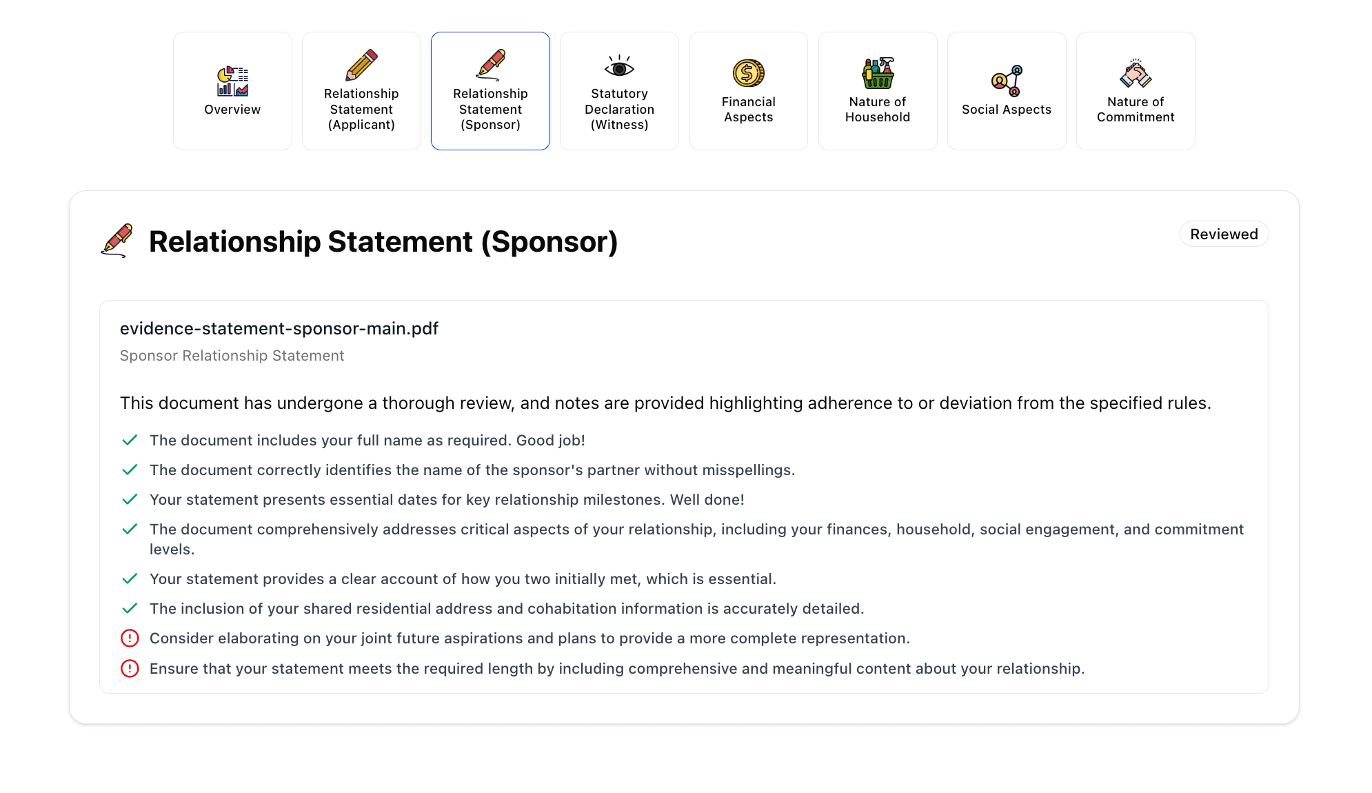 Statement analysis interface with checks and improvement notes.